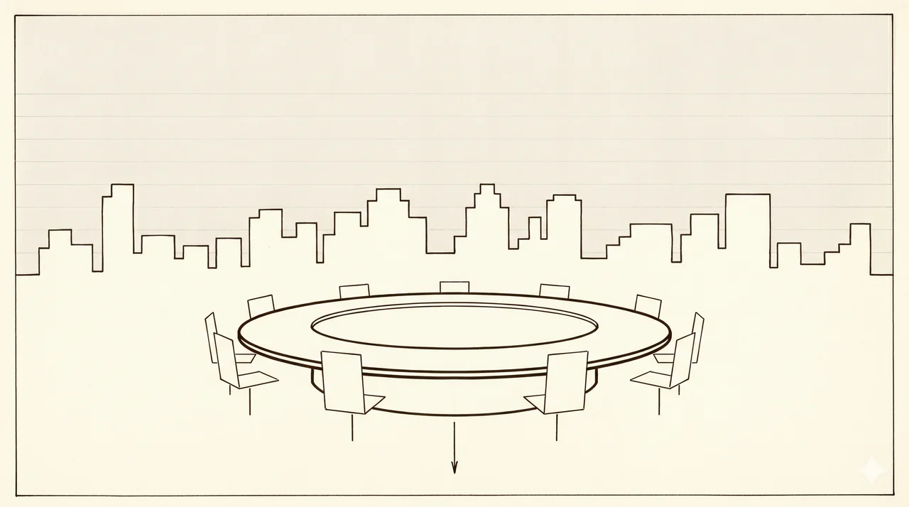 A horizontal composition of an abstract darkened city skyline rendered as faint contour outlines along the lower half, with a circular roundtable silhouette in the center foreground, no human figures, no flags, no readable signage, faded bronze and silver lines against a midnight indigo gradient, never pure black