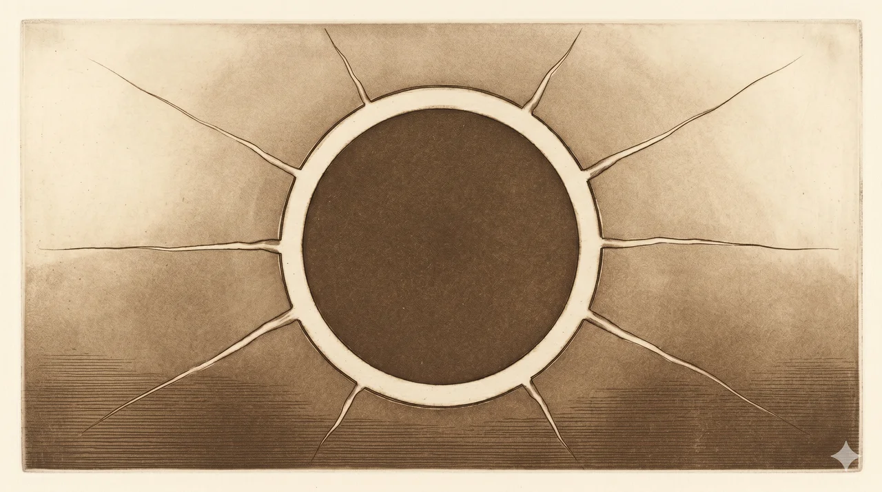A horizontal composition of a closed circular gateway in the center frame rendered as faint contour outlines with radial cracks fanning outward from the rim, no human figures, no symbols, no readable text, faded bronze and silver lines against a midnight indigo gradient, never pure black