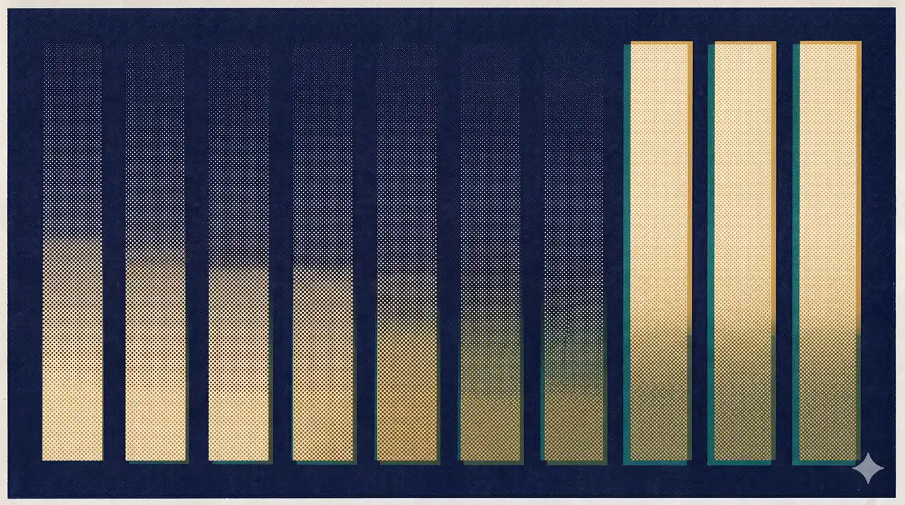 A horizontal composition of nine vertical column shapes rendered as faint contour outlines arranged left to right across the frame, the leftmost six fading toward invisibility and only the rightmost three holding faint illumination, no human figures, no readable text, faded gold and silver lines against a midnight indigo gradient, never pure black