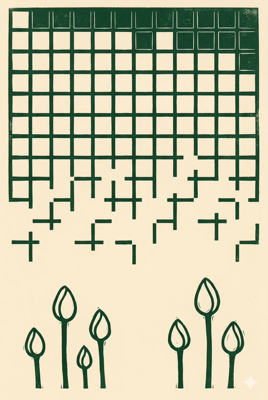 A tall vertical composition showing small concentric sprout shapes rising from the lower frame rendered as faint contour outlines, a faint horizontal grid in the upper half fading toward invisibility, no human figures, no readable text, no logos, faded green and bronze lines against a midnight indigo gradient, never pure black
