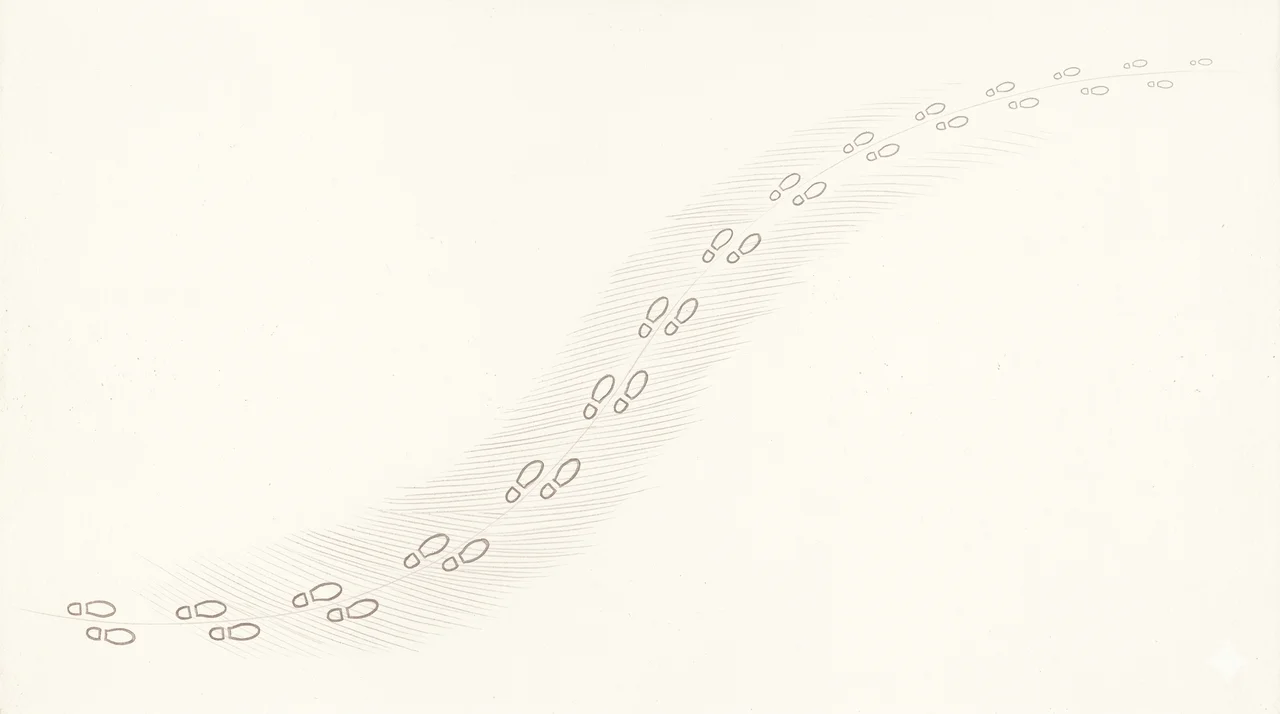 A horizontal composition of abstract dance-step footprint shapes arranged along a curving path of faint light across the frame rendered as contour outlines, no human figures, no faces, no readable text, faded gold and silver lines against a midnight indigo gradient, never pure black