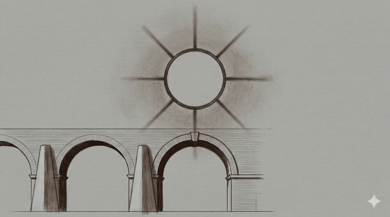 A horizontal composition of a Roman aqueduct rendered as faint contour outlines along the lower frame with stone arches in muted profile, a single dim ring of frequency above the central arch rendered as a thin metallic curve, no human figures, no bodies, no readable signage, faded bronze and silver lines against a midnight indigo gradient, never pure black