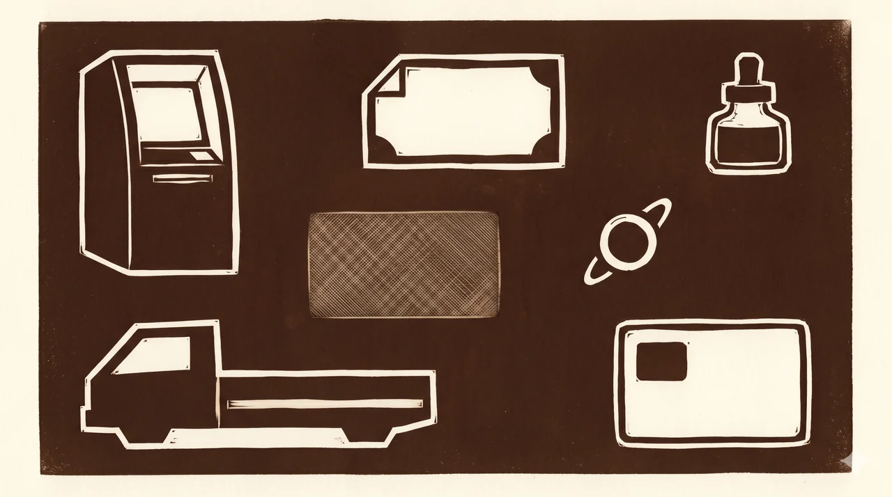 A horizontal composition showing seven small distinct objects arranged in a loose grid pattern across the frame rendered as faint contour outlines, including an abstract ATM silhouette, a folded paper rectangle, an ink bottle outline, a press plate, a small orbiting ring, a vehicle silhouette, and a passport-shaped rectangle, no human figures, no readable text, faded bronze and silver lines against a midnight indigo gradient, never pure black