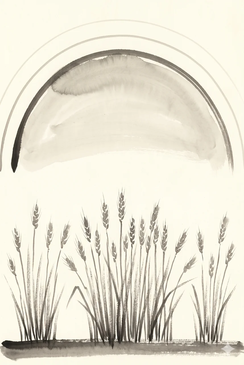 A tall vertical composition showing a softly glowing dome rendered as a thin metallic arc above a small abstract field of grain stalks below, the grain stalks rendered as faint contour outlines along the lower frame, no human figures, no readable text, faded gold and silver lines against a midnight indigo gradient, never pure black