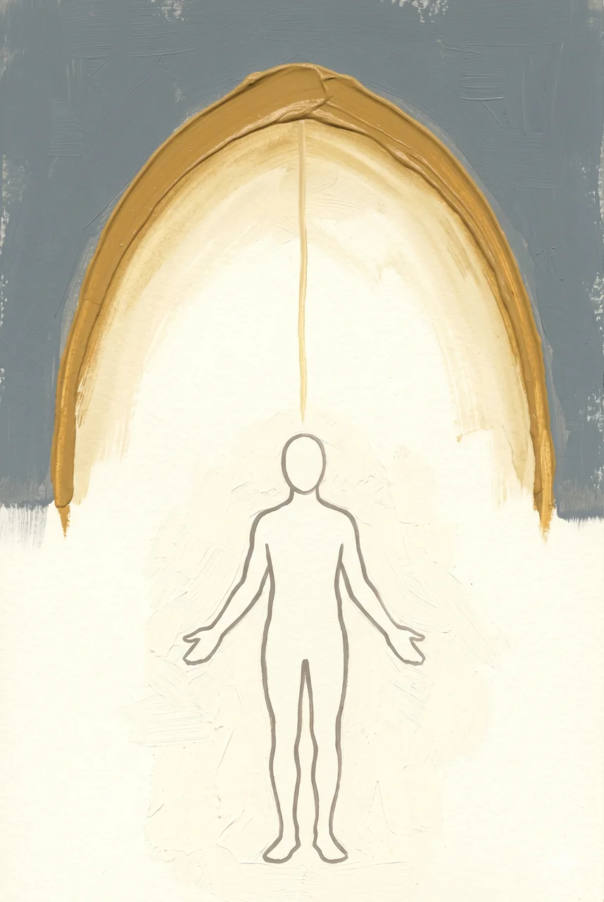 A tall vertical composition showing a single figure rendered as faint contour outlines along the lower half with arms gently extended, a softly glowing dome rendered as a thin metallic arc above and around it, no faces, no readable text, faded gold and silver lines against a midnight indigo gradient, never pure black