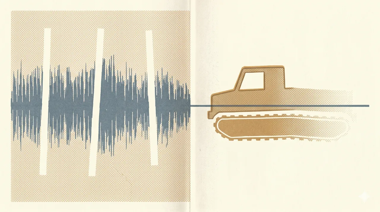 A horizontal composition showing a fragmented sound waveform on the left half rendered as faint contour outlines with cuts and splicing seams, transitioning into a stilled tank silhouette on the right half also rendered as contour outlines, no human figures, no readable signage, no flags, faded bronze and silver lines against a midnight indigo gradient, never pure black