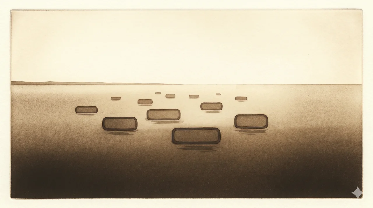 A horizontal composition showing a coastline horizon with abstract food-aid boxes drifting on water rendered as faint contour outlines, no human figures, no readable signage, no flags, faded bronze and silver lines against a midnight indigo gradient, never pure black