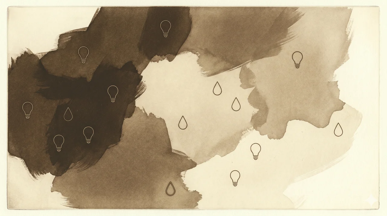 A horizontal composition showing an abstract regional map rendered as faint contour outlines with dim lightbulb and waterdrop pictograms placed over different territory zones, no readable place names, no flags, no human figures, faded bronze and silver lines against a midnight indigo gradient, never pure black