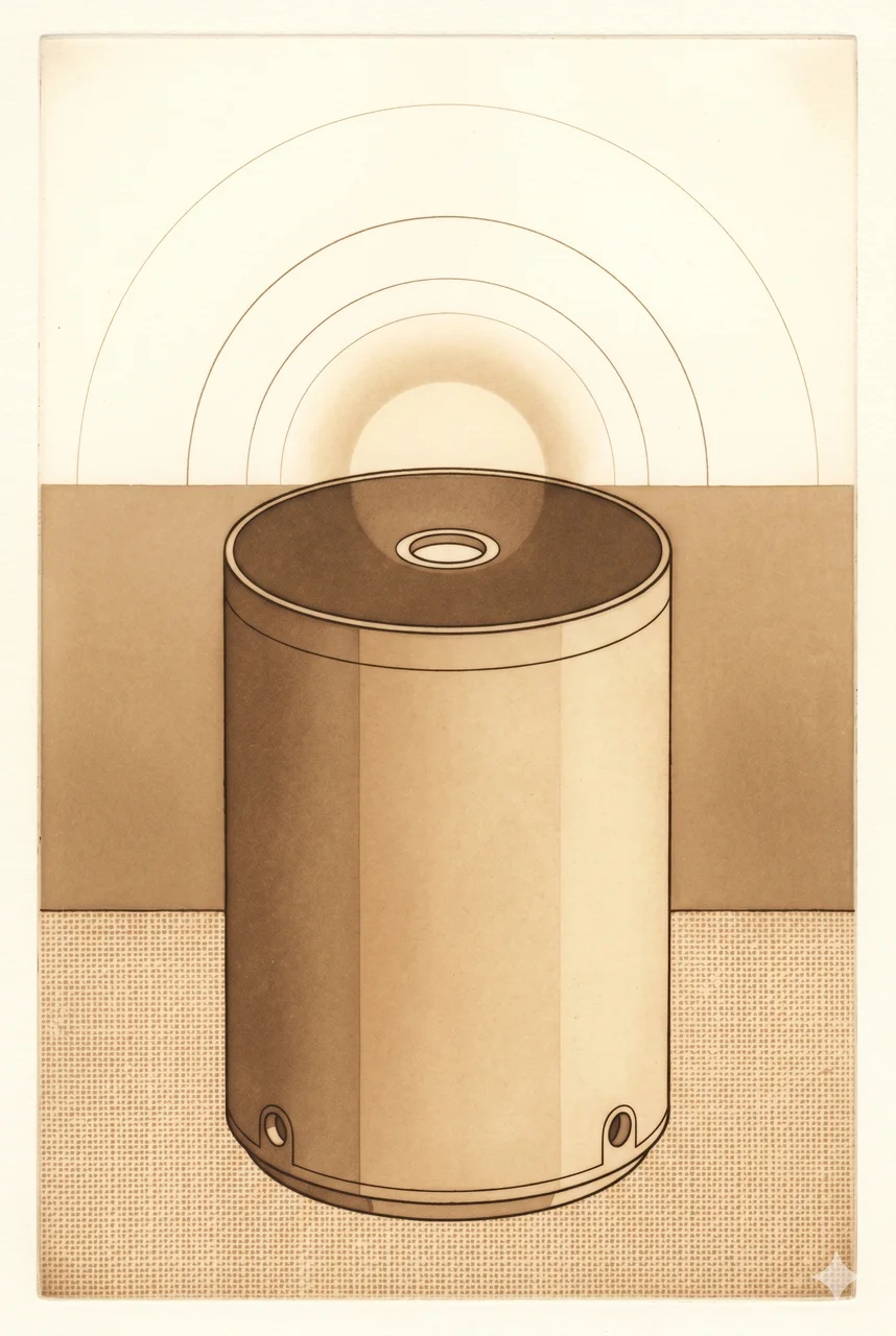 A tall vertical composition showing a simple cylindrical purification unit on a faintly outlined kitchen counter with a soft glowing ring at the top suggesting plasma activation, no human figures, no faces, no readable text, faded gold and silver lines against a midnight indigo gradient, never pure black