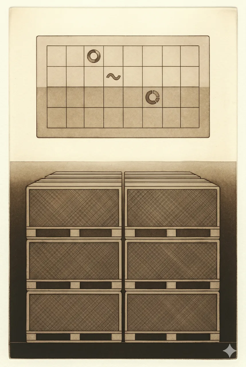A tall vertical composition showing stacked currency pallets rendered as faint cross-hatched contour outlines beside a faint digital wallet interface with abstract token glyphs, no readable text, no faces, no flags, faded bronze and silver lines against a midnight indigo gradient, never pure black