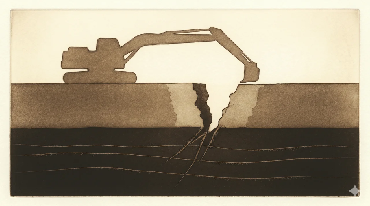 A horizontal composition showing an abstract heavy excavator silhouette tearing into a road cross-section rendered as faint contour outlines, no human figures, no readable signage, no flags, faded bronze and silver lines against a midnight indigo gradient, never pure black