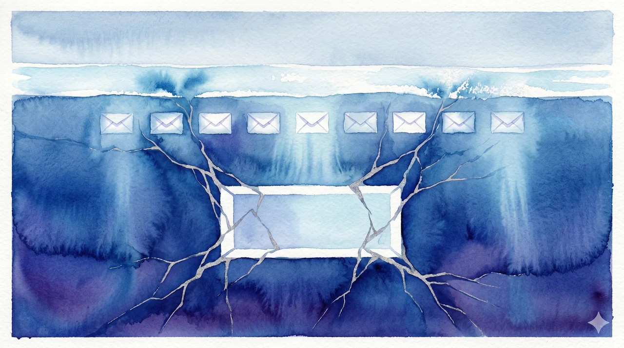 A wide horizontal composition rendered in midnight indigo, the cross-section of an underground Antarctic facility seen through ice, the structure mid-collapse with faint silver fracture lines spreading outward, nine sealed letters arranged in a row along the upper edge frozen into the ice, no human figures present, cold pale blue light filtering through cracks, never pure black