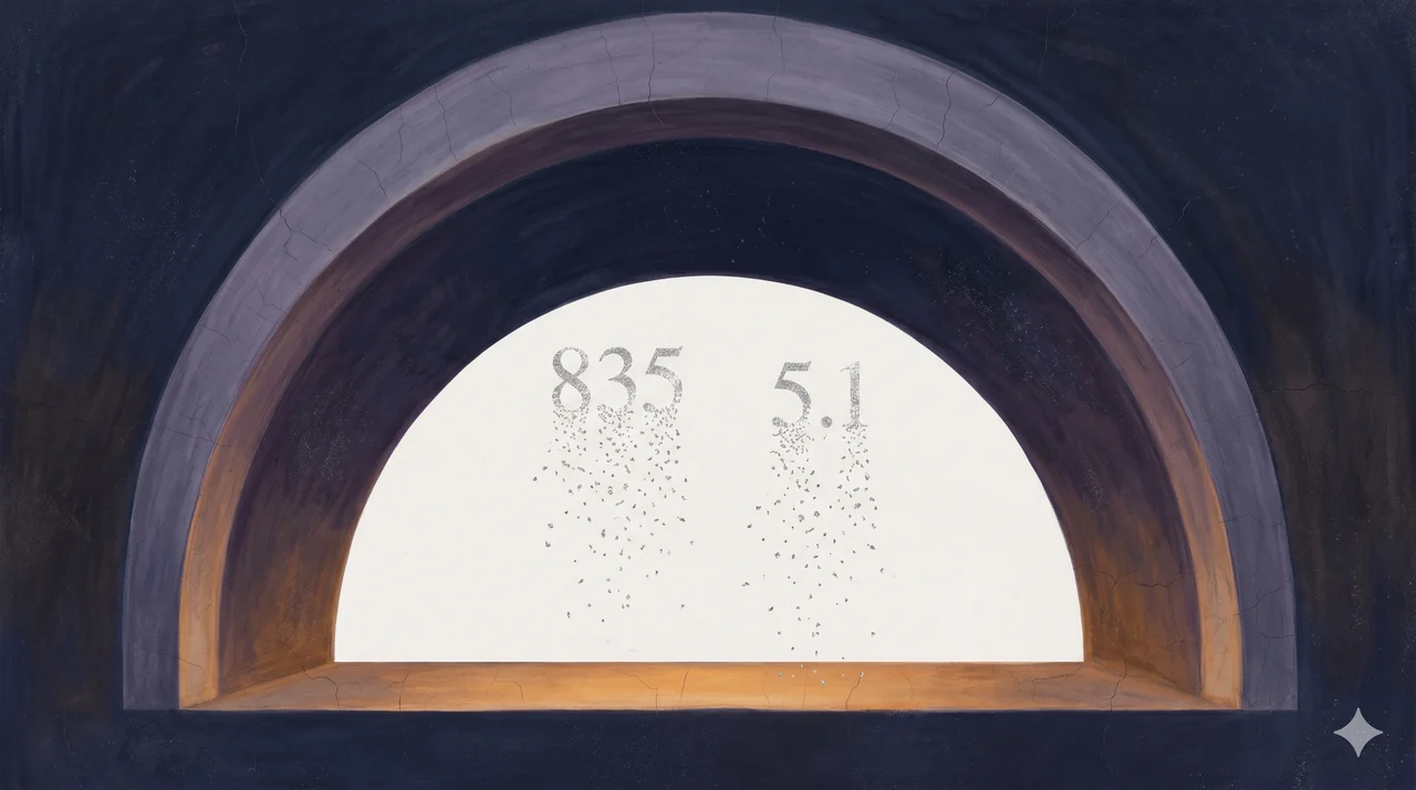 A wide horizontal composition rendered in midnight indigo, the outline of an empty central bank vault at center with the numerals 835 and 5.1 floating in the upper void and dissolving into faint silver particles before they reach the vault floor, faint geographic line-art of Zimbabwe and the European coastline at the edges, warm amber rim light from below, never pure black