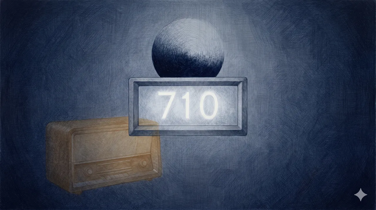 A wide horizontal composition rendered in midnight indigo, a notification panel floating in the upper third with the numerals 710 faintly glowing inside it, the silhouette of a disc-shaped craft that fades out before it fully resolves, a vintage radio shape sitting in the lower corner as a faint amber shadow, warm copper light along one edge, never pure black