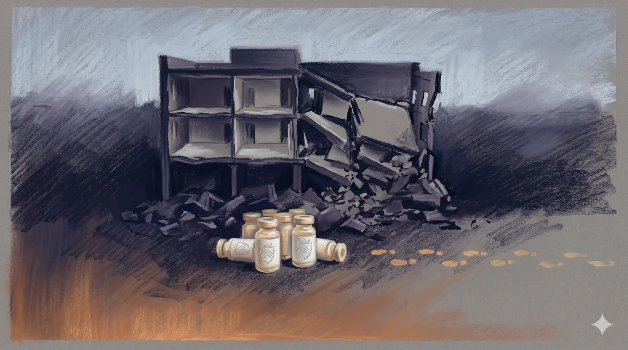 A wide horizontal composition rendered in midnight indigo, the cross-section of a destroyed hospital building at center with stacked vaccine vials in the foreground, the vial labels carrying faint silver traces of heraldic crests, a row of small sand-amber footprints fading toward the distant right edge, no human figures, warm copper rim light along the lower border, never pure black