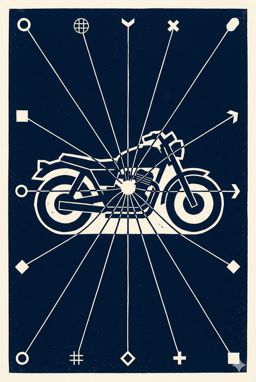 A vertical composition rendered in deep indigo, a single motorcycle silhouette at the center of a web of faint silver threads radiating outward to abstract symbols of agencies, customs offices, and ports, no human figures, the threads do not converge on the rider but pass through, soft copper rim light, never pure black