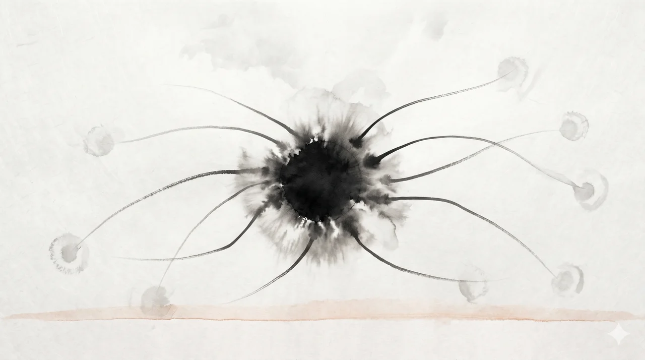 A wide horizontal composition rendered in midnight indigo, the cross-section of a fading central node at center with faint silver tendrils reaching outward toward suggested body silhouettes that never fully resolve, the tendrils dissolving before they make contact, soft copper rim light from below, no human figures present, never pure black