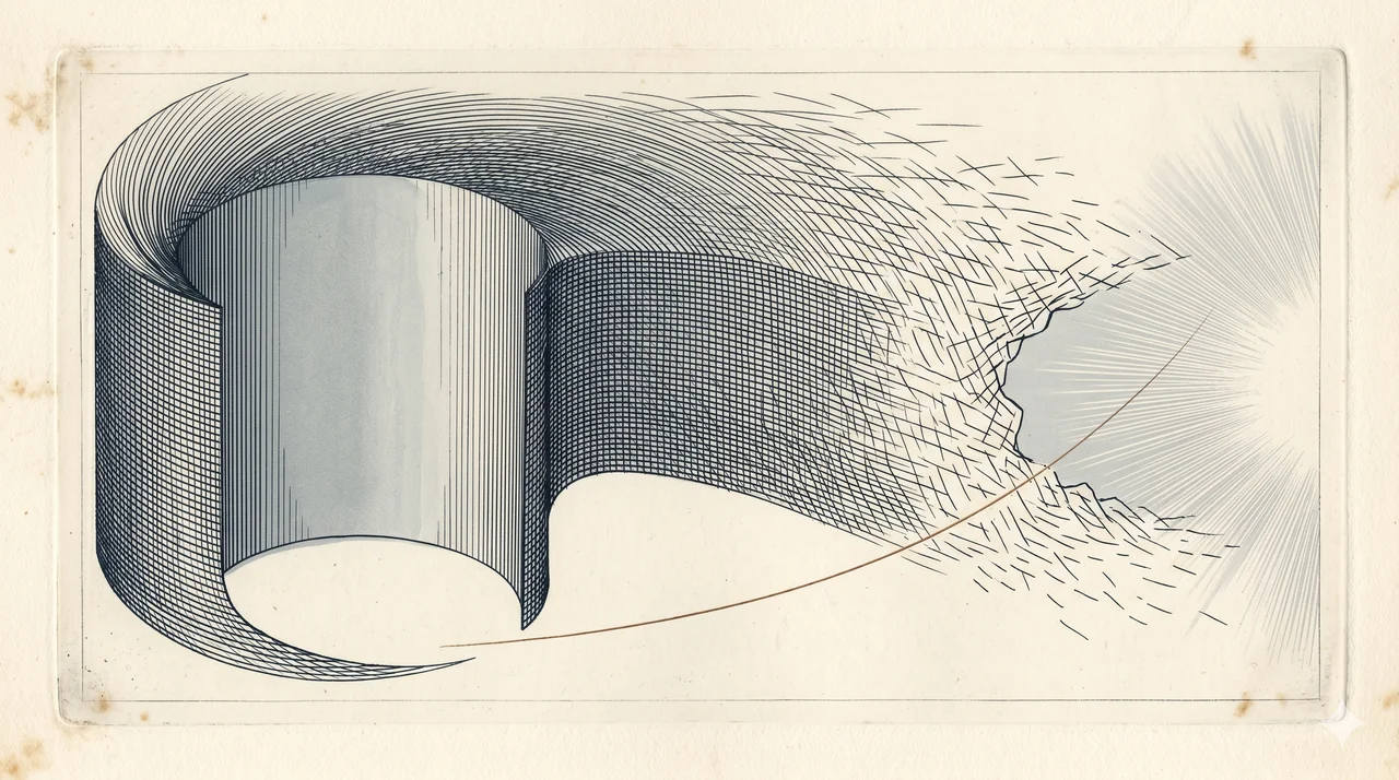 A wide horizontal composition rendered in midnight indigo, the inside of a hurricane shown in cross-section with the calm eye on one side and a thinning storm wall on the other, pale silver light visible through the breach in the wall, no human figures, warm copper rim light at the lower horizon, never pure black