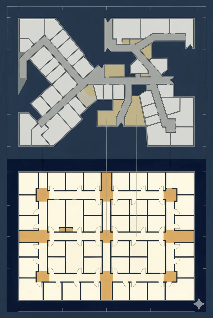 A vertical composition rendered in deep indigo, two architectural floor-plan outlines side by side, one a tangled disorienting maze of corridors and the other a clean modular standard layout, faint silver gridlines linking the shared rooms across both plans, no human figures, soft amber light along the right edge, never pure black
