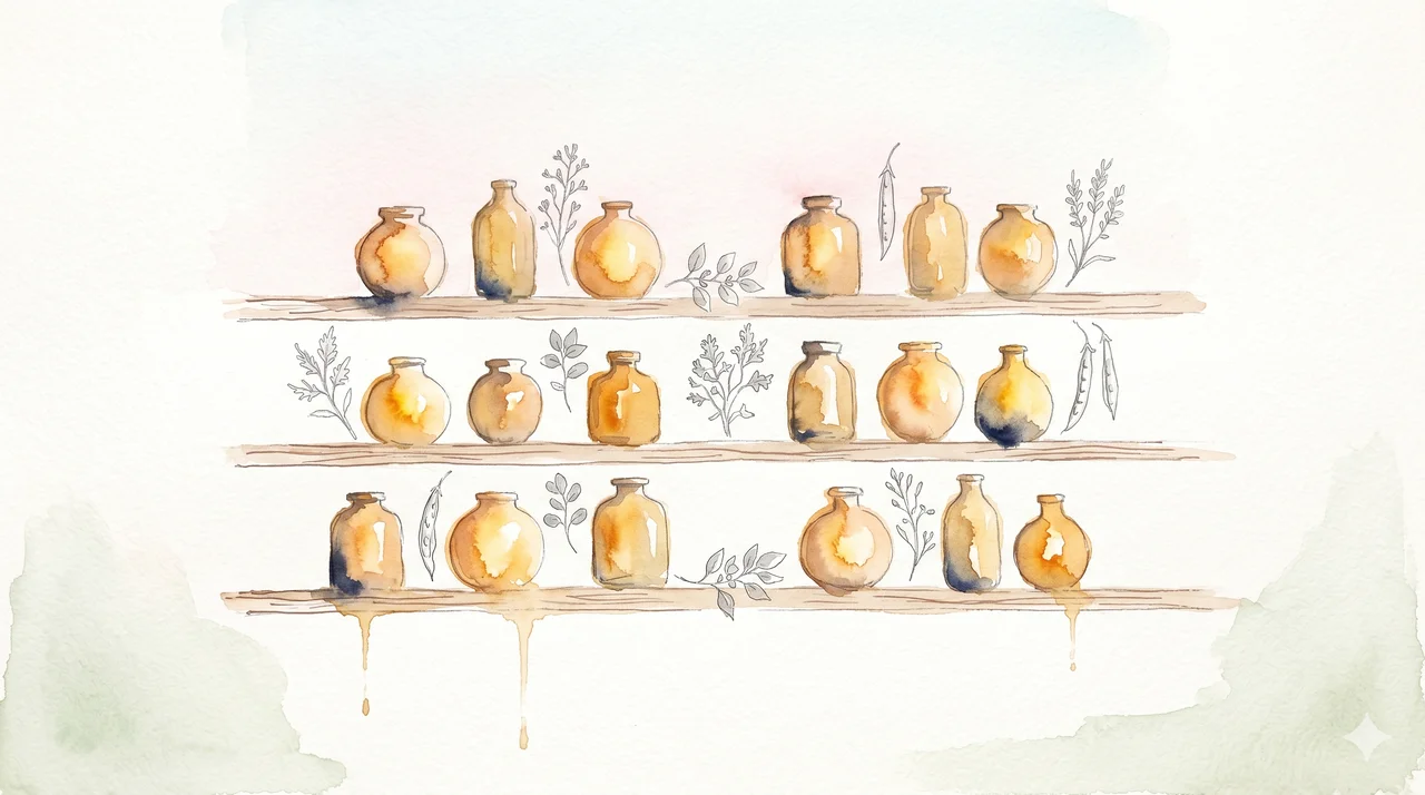 A wide horizontal composition rendered in midnight indigo, an apothecary-style shelf seen from the front with rows of small amber bottles softly lit, faint silver leaf motifs floating between the rows suggesting essential oils without literal labels, no human figures, warm copper rim light from the right edge, never pure black