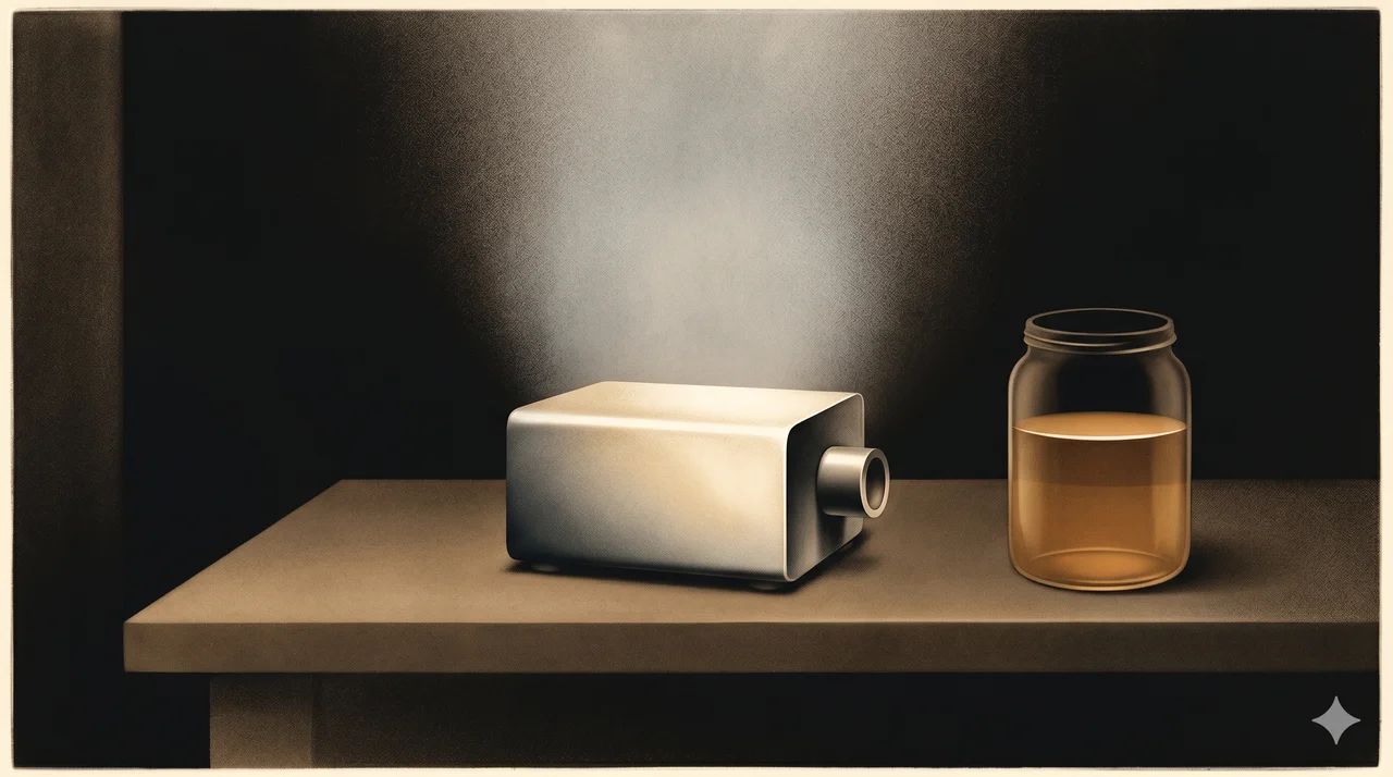 A wide horizontal composition rendered in midnight indigo, a small tabletop apparatus at center with a glass vessel beside it slowly filling with amber liquid, a soft pale silver glow above the device, the room reduced to a single bench with no visible operator, warm copper rim light along the right edge, never pure black