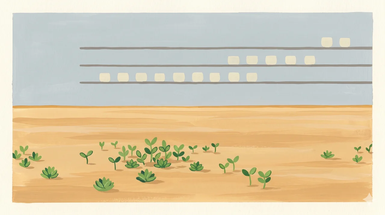 A wide horizontal composition rendered in midnight indigo, a dry desert plain stretching across the lower half with the first small green shoots emerging from the sand near the foreground, the upper half holding a soft suspended layer of pale silver light suggesting shelves of goods without literal products, no human figures, warm copper rim light along the lower horizon, never pure black