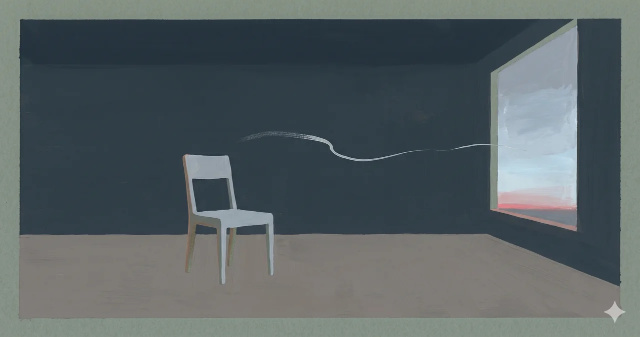 A wide horizontal composition rendered in midnight indigo, an empty interior at first light with a single soft window of pale silver illumination on the far wall, a fine thread of vapor dissolving in mid-air above an unoccupied chair, no human figure present, warm copper rim light along the lower edge, never pure black