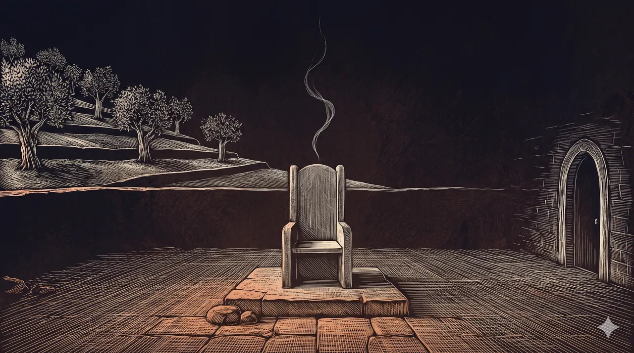 A wide horizontal composition rendered in midnight indigo, a high-backed stone chair at the center of an empty courtyard near the slope of an olive grove at first light, a fine thread of pale silver vapor curling above the empty seat and dissolving in mid-air, no human figures present, warm copper rim light along the lower edge, never pure black
