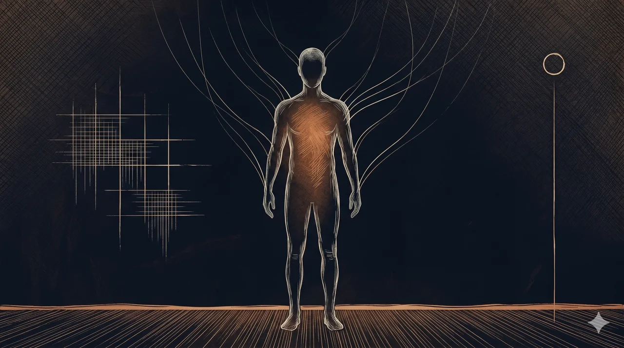 A wide horizontal composition rendered in midnight indigo, a transparent silhouette of a human figure rendered in fine pale silver lines at center with the inner cavity glowing slightly warmer in copper light, fine threads of pale silver detaching from the figure and dispersing toward the upper edge of the frame, no facial features visible, warm copper rim light along the lower edge, never pure black
