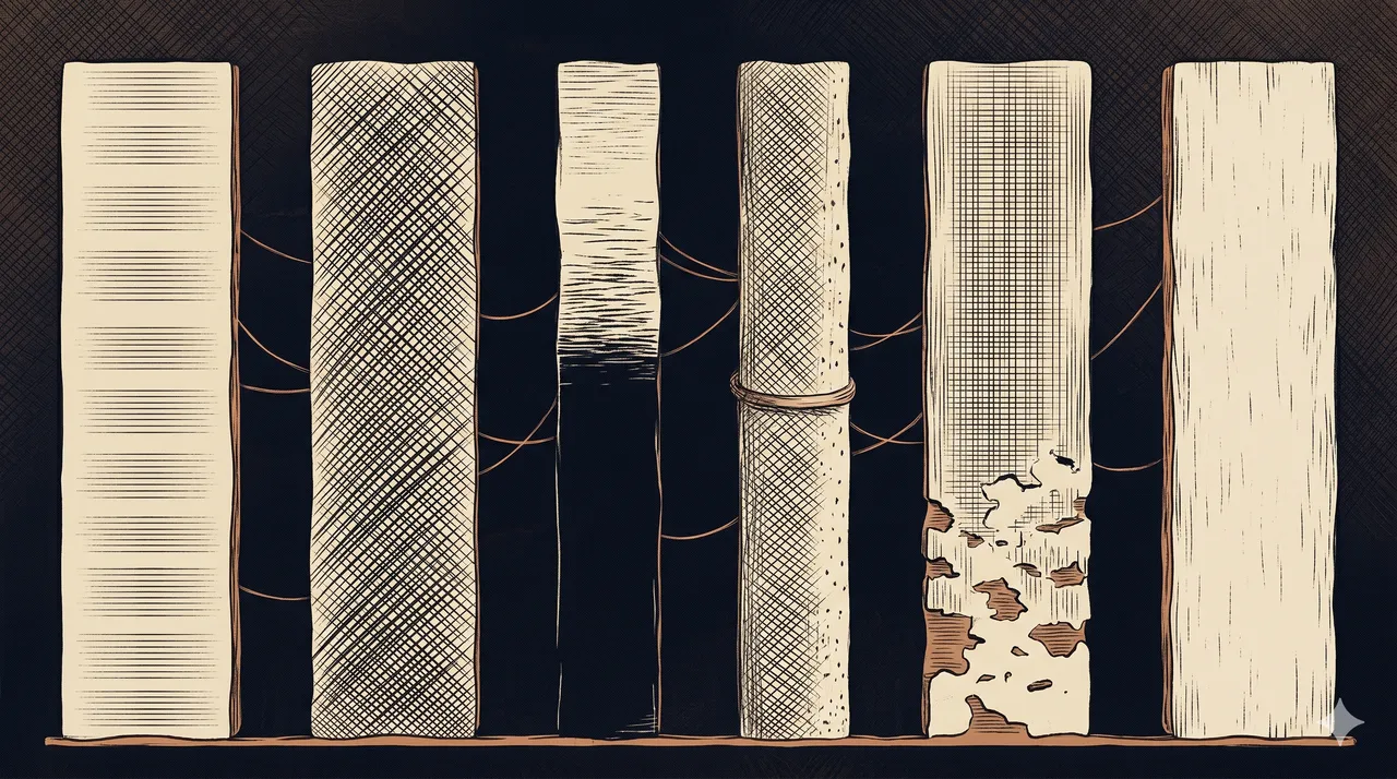 A wide horizontal composition rendered in midnight indigo, six vertical columns of soft pale silver light arranged across the frame at even intervals, each column slightly different in width to suggest distinct tactics, fine copper threads weaving between the columns at uneven heights, no human figures and no text, warm copper rim light along the lower edge, never pure black
