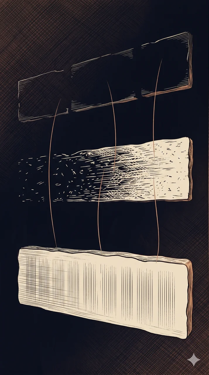 A vertical composition rendered in midnight indigo, three horizontal bands of pale silver light stacked at uneven heights with the lowest band the brightest, fine threads of copper light connecting each band to the one above it, a faint geometric overlay suggesting documents at each band, no human figures, warm copper rim light along the right edge, never pure black