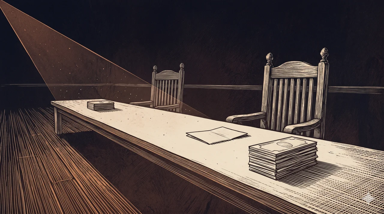 A wide horizontal composition rendered in midnight indigo, a long low conference table seen from above with two stacks of unmarked banknotes near each end and a single folded document at the center, two empty chairs facing each other across the table with no figures seated, warm copper rim light along the lower edge, faint pale silver suggestion of paper texture, never pure black