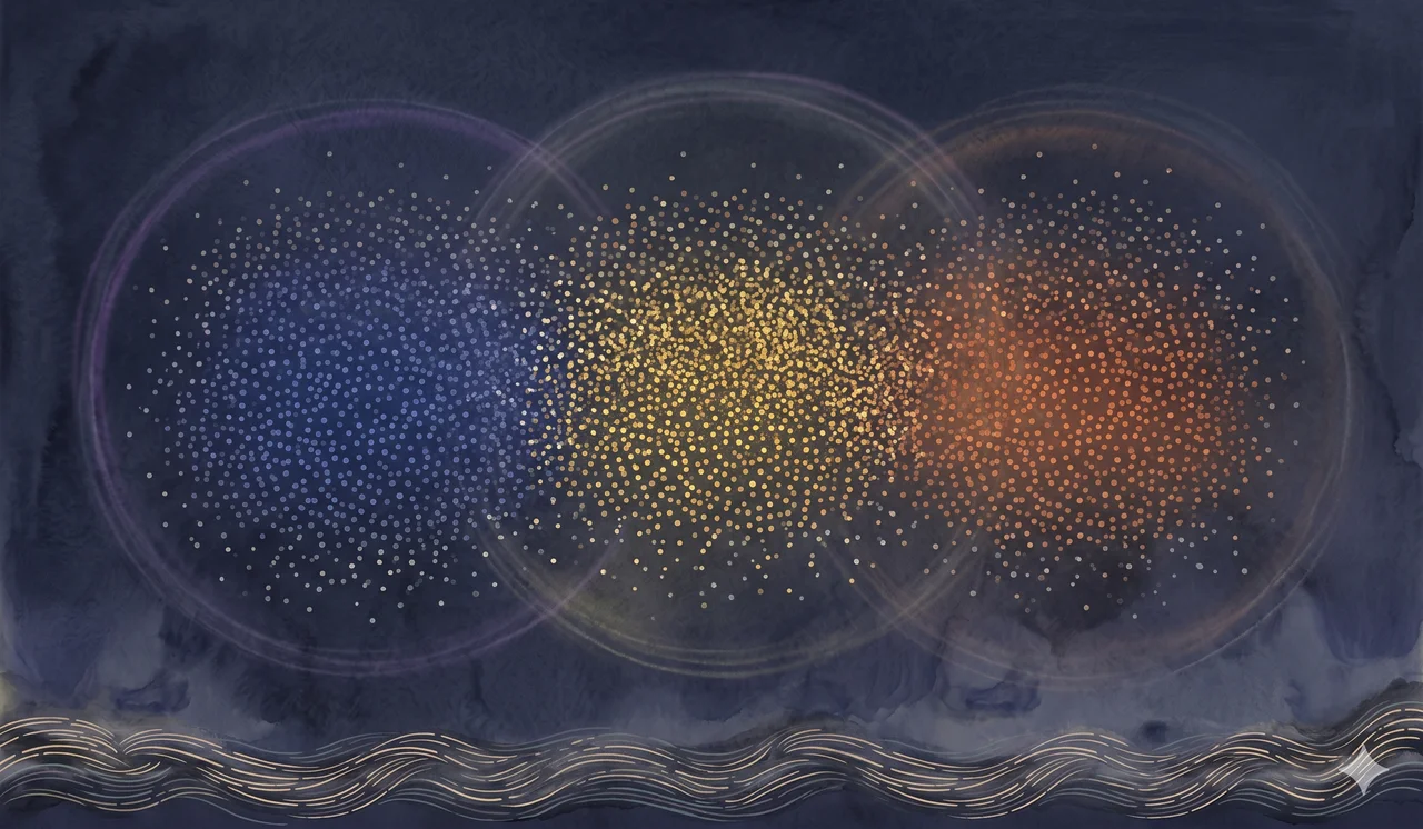 A faint horizontal band showing soft gradations of blue, yellow, and orange particle clouds suspended in space, rendered as faint contour outlines against a midnight indigo gradient