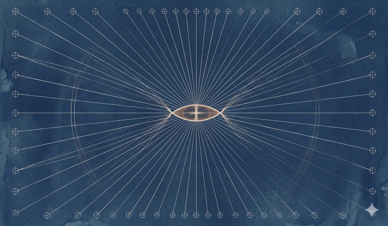 A faint network of thin lines radiating outward from a stylized central point, suggesting distributed observation nodes, rendered as faint contour outlines against a midnight indigo gradient