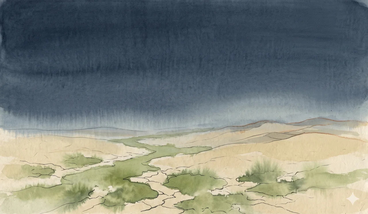 A faint scene of a horizontal landscape where pale green patches emerge through dry terrain, gentle horizon line, rendered as faint contour outlines against a midnight indigo gradient with subtle green hue accents