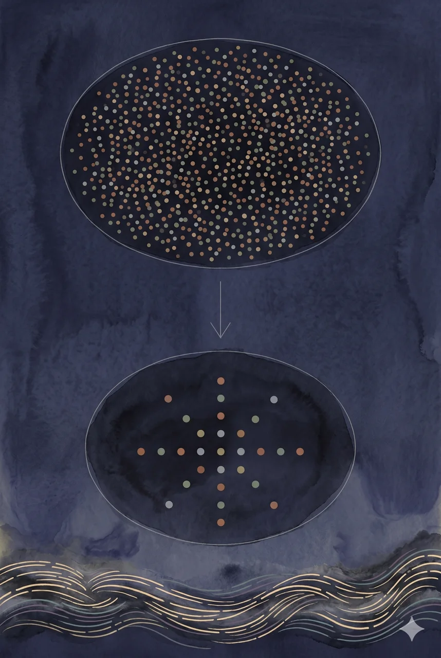 A faint vertical comparison of two abstract scaled silhouettes, one dense cluster and one sparse cluster, suggesting reduction from a mass to a small core, rendered as faint contour outlines against a midnight indigo gradient