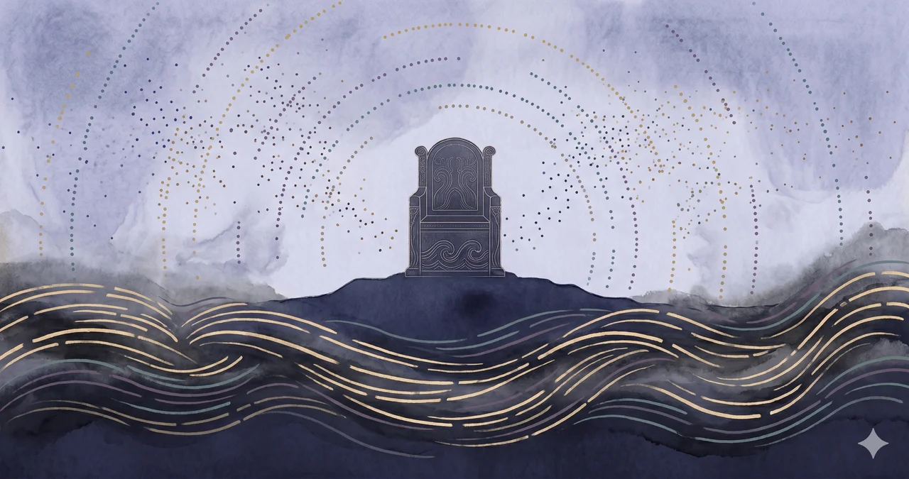 A faint suggestion of an empty throne overlooking a stylized horizon of flowing currents, rendered as faint contour outlines against a midnight indigo gradient