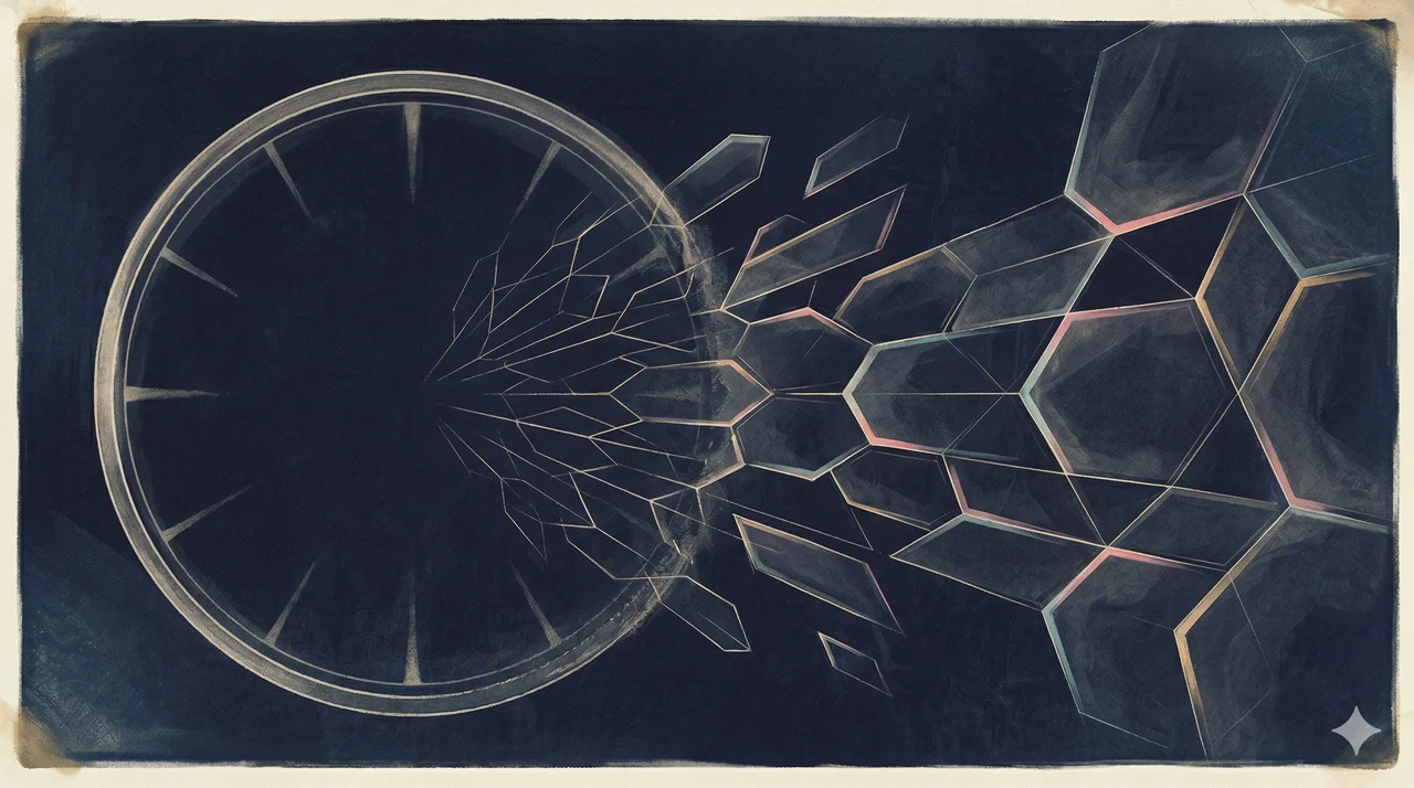 A faint scene of a clockface dissolving into a crystalline lattice with abstract geometric structure emerging from clock-like outlines, rendered as faint contour outlines against a midnight indigo gradient with subtle prismatic accent