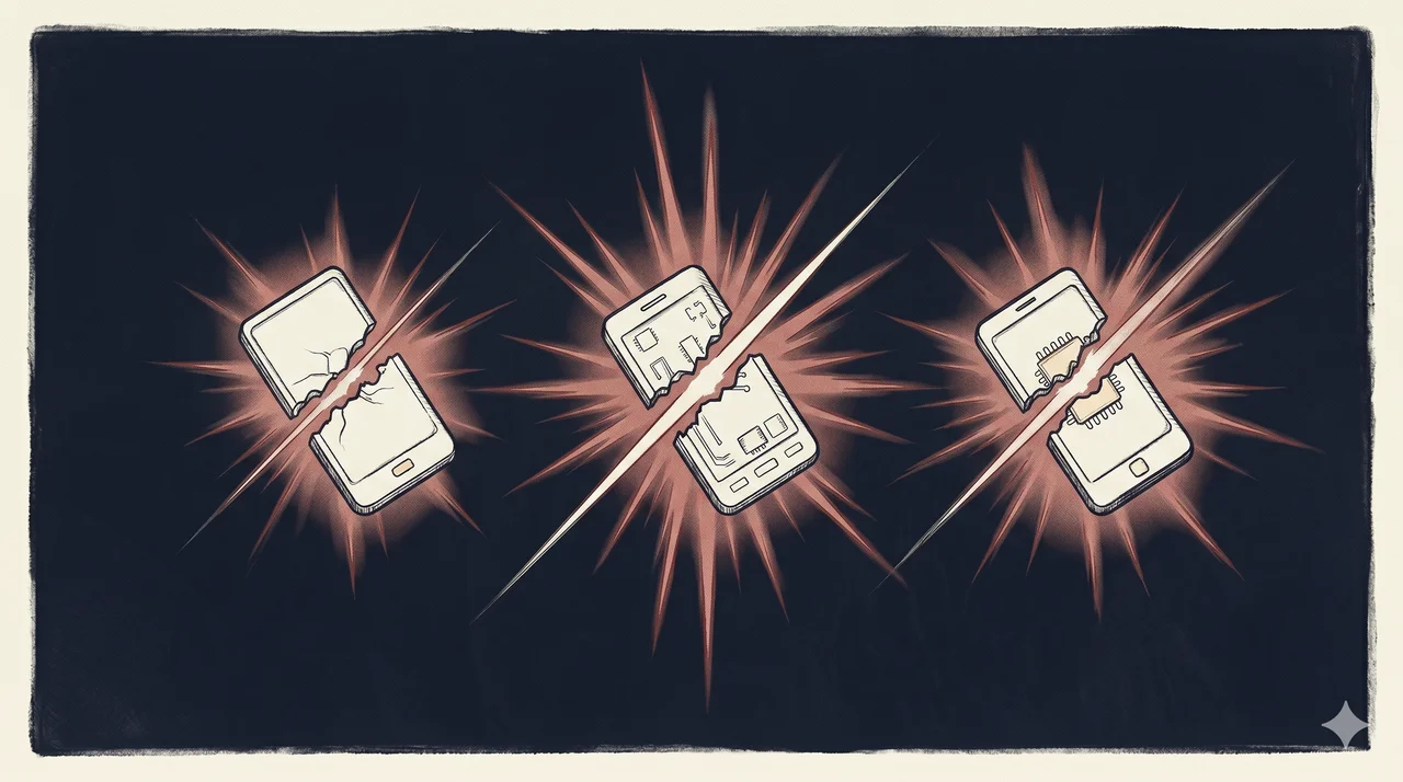 A faint horizontal scene of small electronic devices fracturing apart with abstract bursts radiating outward from each device, rendered as faint contour outlines against a midnight indigo gradient