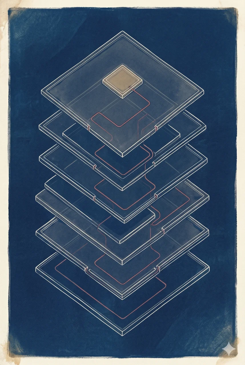 A faint vertical structure of layered concentric squares suggesting a chip cross-section with a thin pathway threading from one outer layer to the core, rendered as faint contour outlines against a midnight indigo gradient