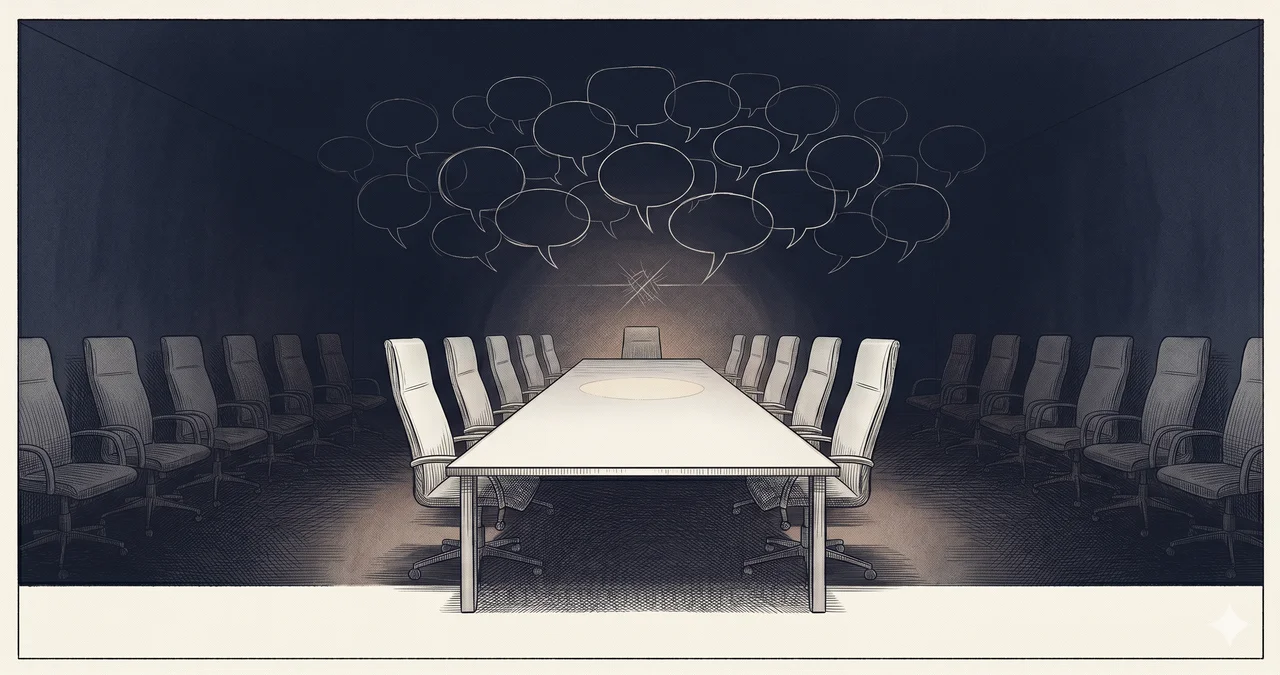 A faint suggestion of an empty conference room at night with overlapping low contour lines hinting at unheard conversations, rendered as faint contour outlines against a midnight indigo gradient
