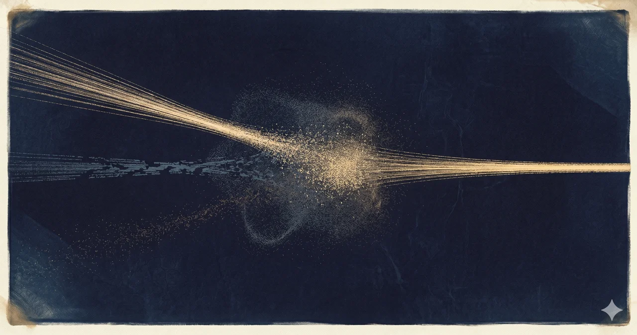A faint horizontal scene of streaming light particles flowing inward from one edge and dispersing into a soft cloud at the center, rendered as faint contour outlines against a midnight indigo gradient