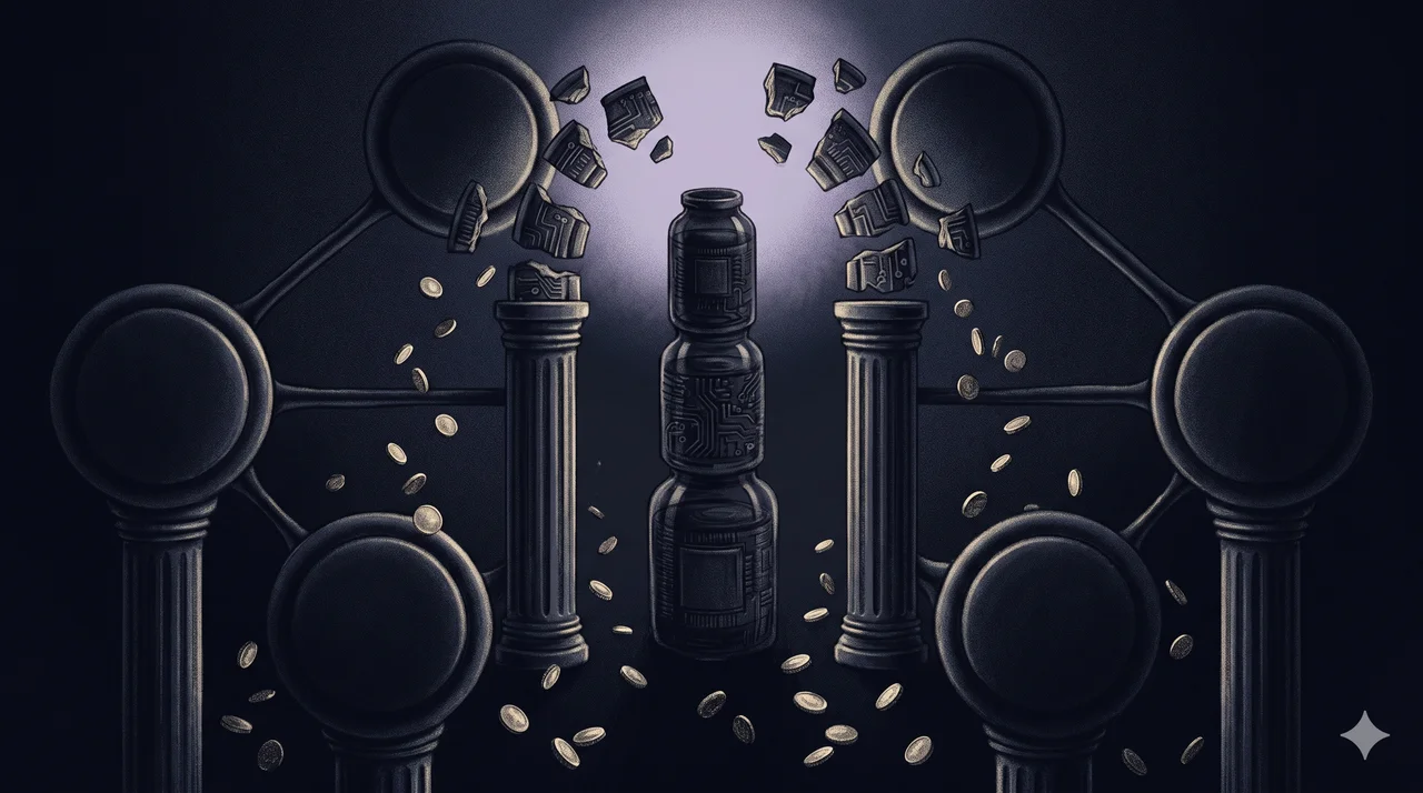 A faint horizontal scene of a partially open gateway suggesting an expected portal that remains incomplete, faint silhouettes of falling coins dispersing into the void around it, rendered as faint contour outlines