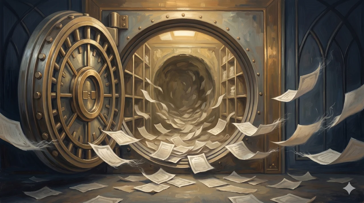 A faint horizontal scene of an empty bank vault with paper drifting outward through the open door, abstract waves of falling certificates rendered as faint contour outlines