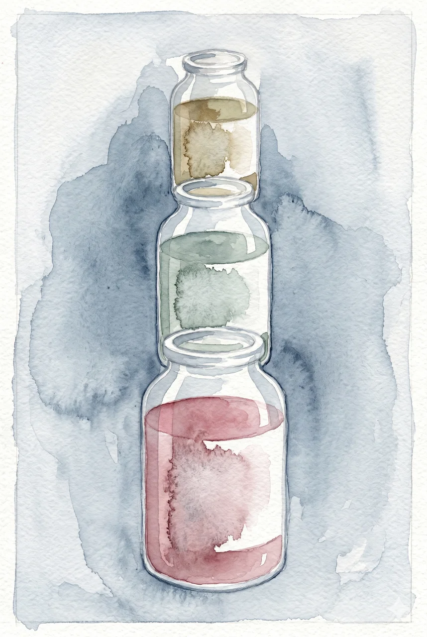 A faint vertical structure of three glass vials arranged in stacked layers with labels obscured to suggest non-disclosure, rendered as faint contour outlines