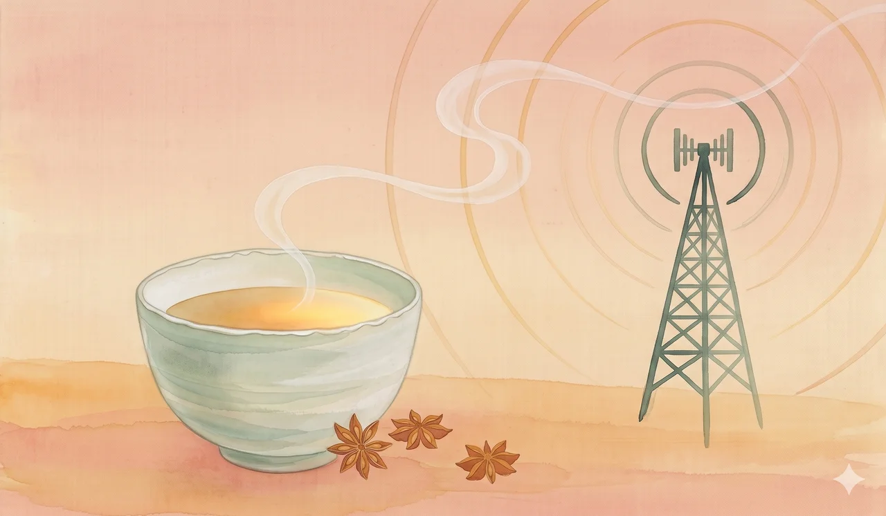 A faint horizontal scene of a still teacup with curling vapor, framed against a soft warmth that suggests an interior light source, rendered as faint contour outlines