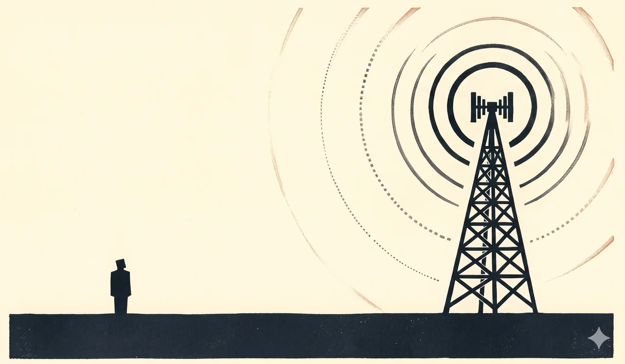 A faint horizontal scene of an isolated figure facing a fading transmitter tower, the signal lines weakening as they radiate outward, rendered as faint contour outlines
