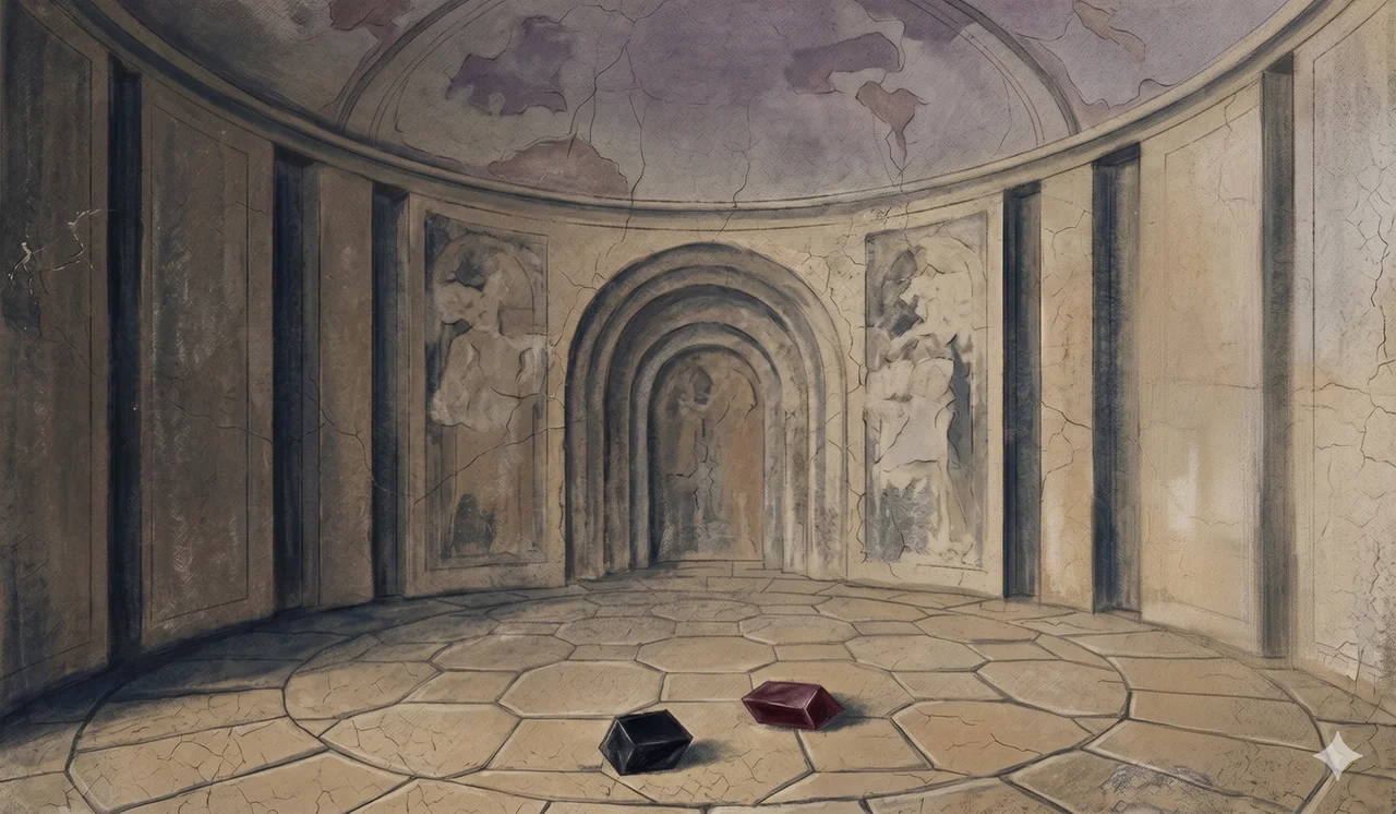 A faint horizontal scene of two crystals held in dim ceremony lighting at a stone-floor circle, with abstract church-interior architecture rendered as faint contour outlines