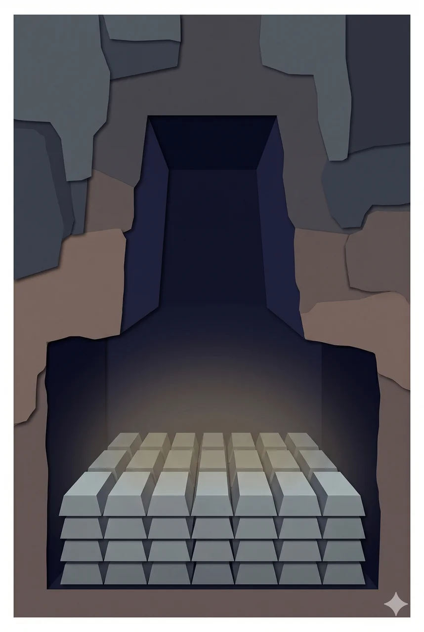 A faint vertical structure of an opened mountain bunker with stacked metallic bricks rendered as faint contour outlines, dim residual glow on the metal