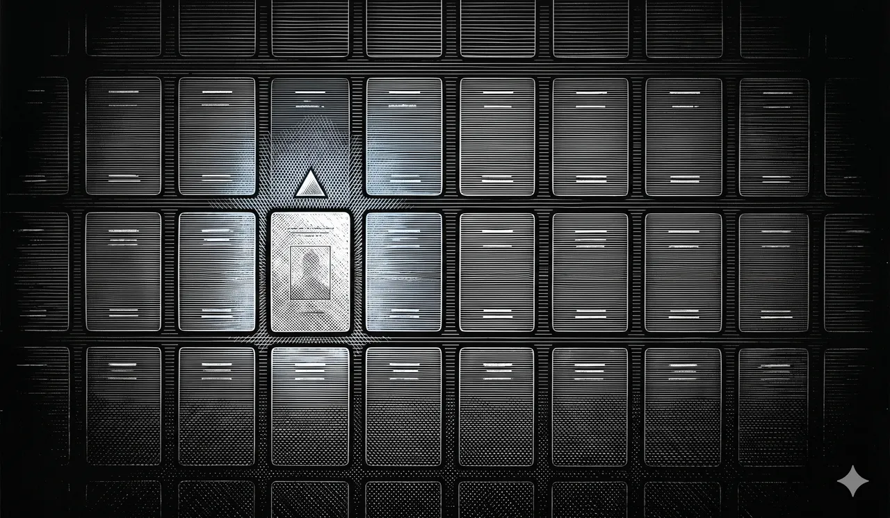 A faint horizontal scene of a console interface listing rows of Agent X with a single highlighted passport-shaped record glowing softly, an alert indicator pulsing above, rendered as faint contour outlines